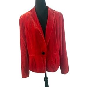 Anne Klein Red Velvet Blazer Leopard Print Lining Single Button Jacket Large